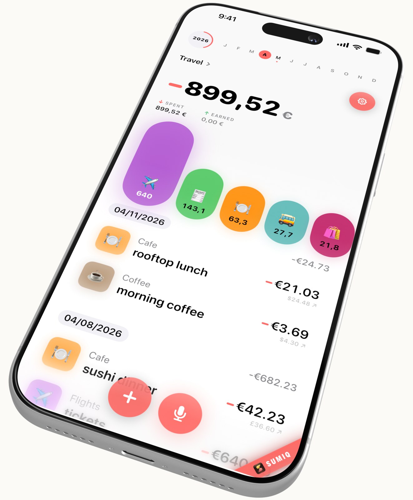 SumiQ dashboard on iPhone - one clear total, colorful category chart and a voice button to log expenses hands-free.