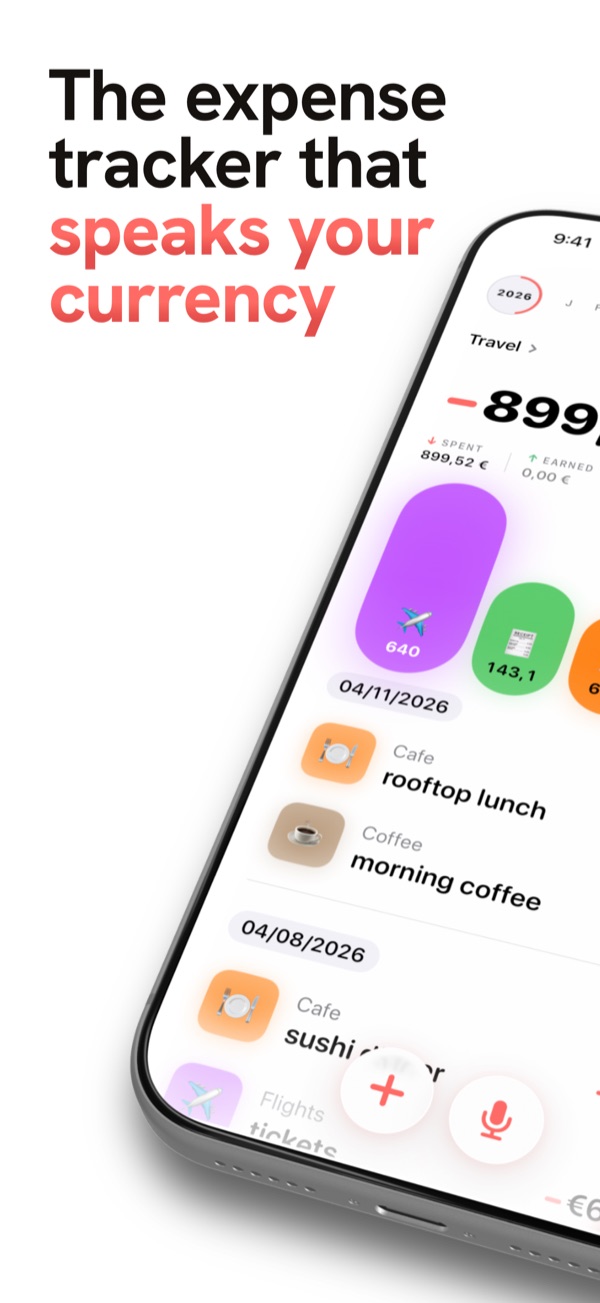 Экран SumiQ на iPhone - трекер расходов, который говорит на твоей валюте, с понятным итогом и цветной диаграммой категорий.