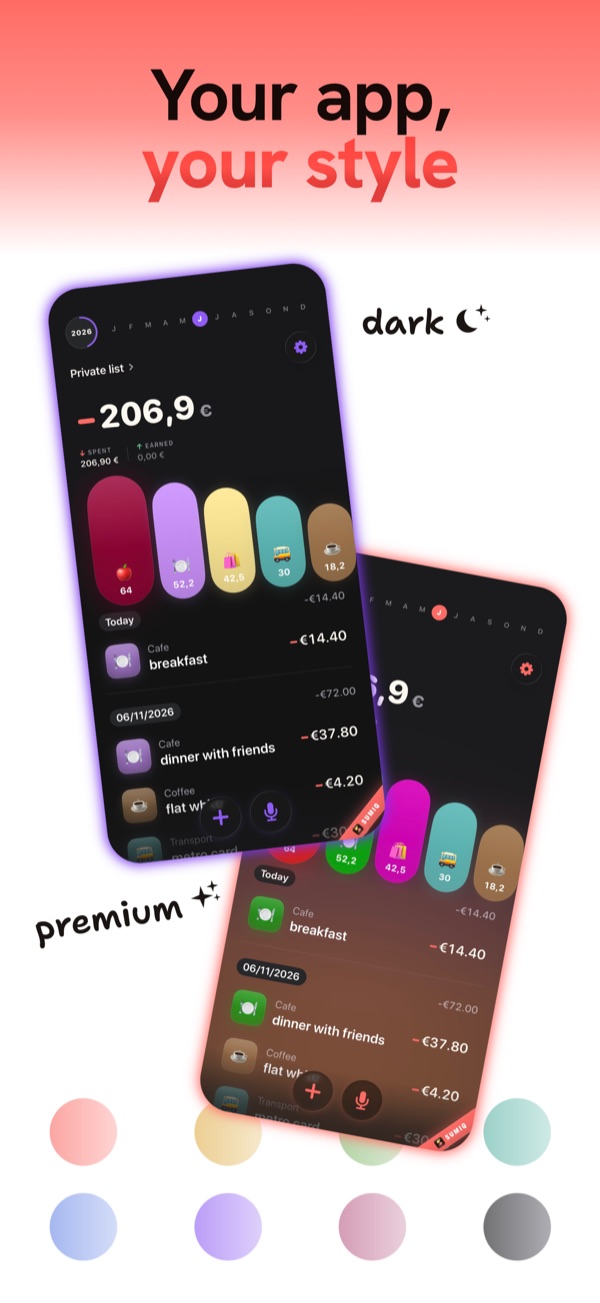Темная, светлая и премиум-темы с акцентными цветами в SumiQ.