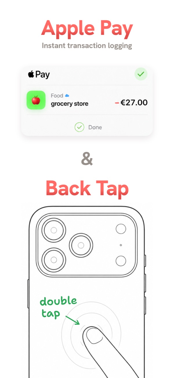 Apple Pay auto-logging and Back Tap - every contactless payment files itself in SumiQ, or double-tap the back of your iPhone.